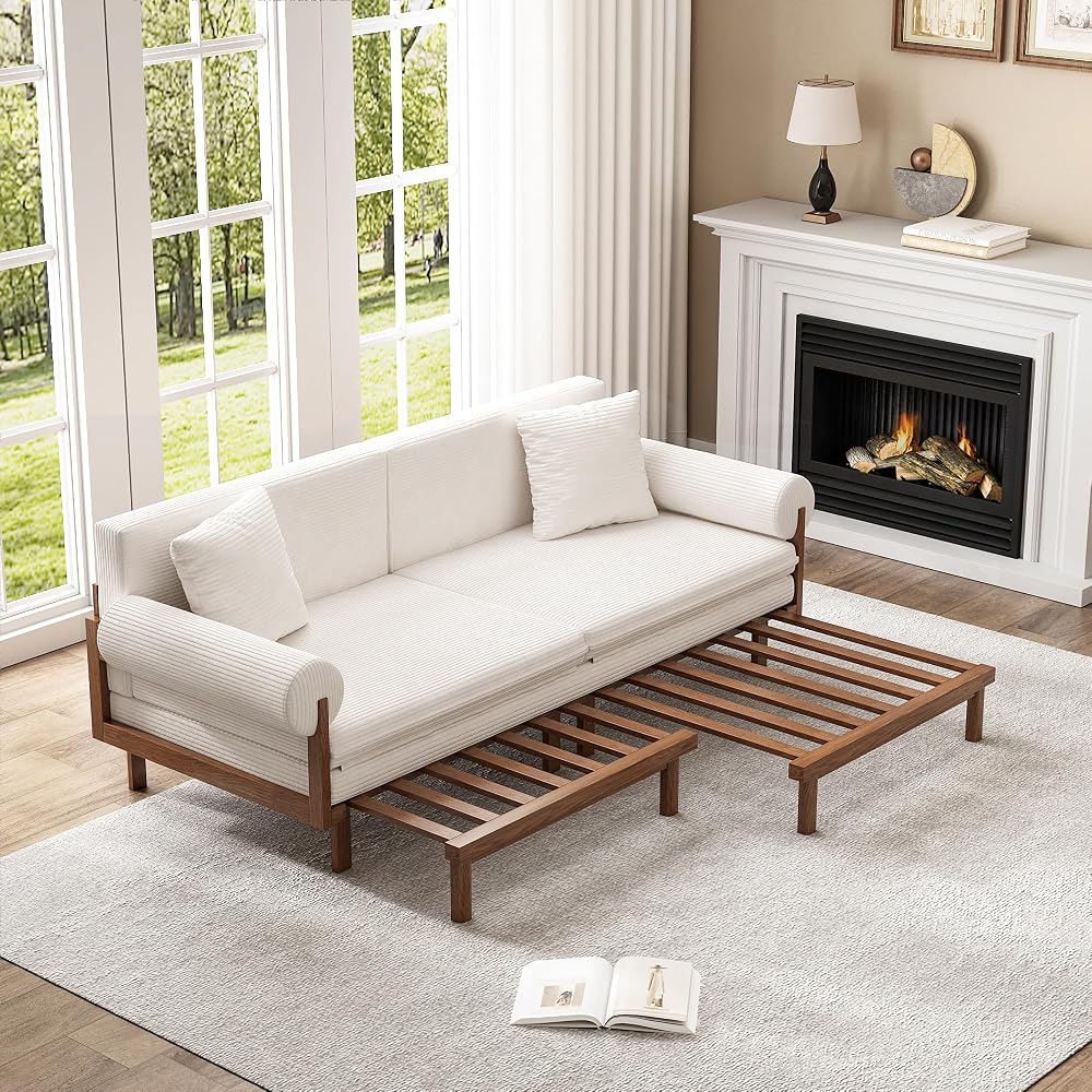 Sofa Bed with Pull Out Sleeper, 84.65 Inch, Full Solid Wood Frame,